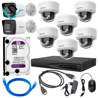 KIT DE 8 CAMARAS HIKVISION IP CON AUDIO POE DE 2MP + NVR DE 8CH POE + DISCO DURO DE 2TB WESTER DIGITAL PURPURA Y CABLE HDMI DE 1.5
