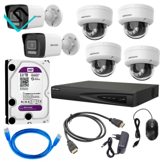 KIT DE 6 CAMARAS HIKVISION IP CON AUDIO POE DE 2K + NVR DE 8CH POE + DISCO DURO DE 2TB WESTER DIGITAL PURPURA Y CABLE HDMI DE 1.5